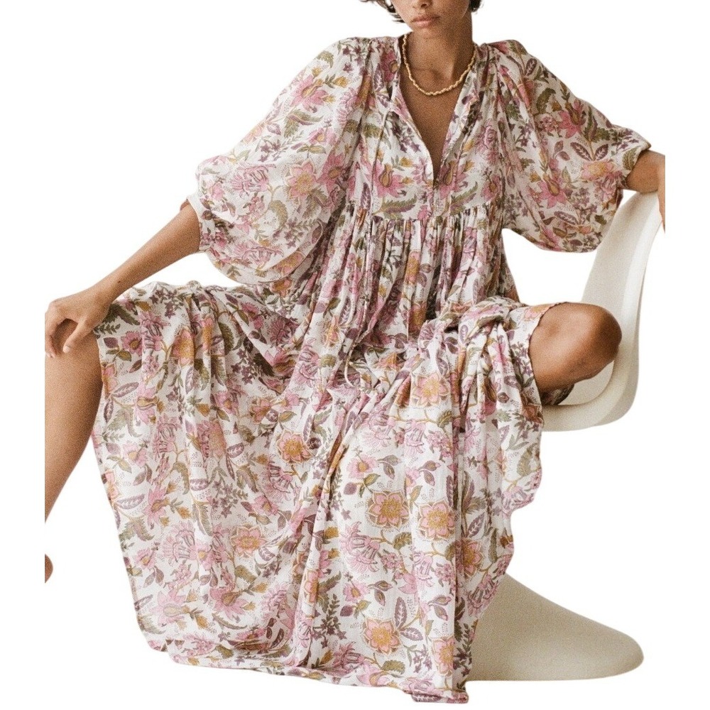 Daughters of India Kyra Maxi Dress Fuchsia Bloom Floral Block Print Pink Size M